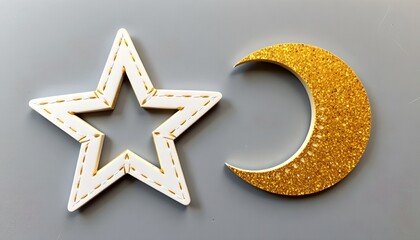 Poster - A golden moon next to a star. The star is white with golden border and stiches 