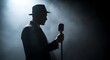 © Best Images - Jazz Singer Performing in Dark Club with Microphone and Fedora Hat