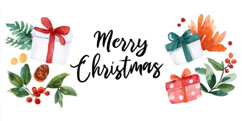 Wall Mural - Watercolor Merry Christmas greeting with red berries, green pine leaves, and festive wrapped presents.