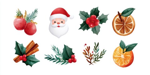 Wall Mural - Assorted colorful Christmas decorations arranged on a clean white background, perfect for holiday designs.