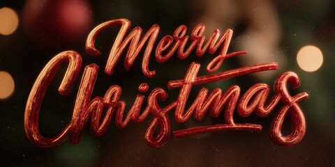 Wall Mural - merry christmas lettering with a glowing christmas tree and warm blurred lights in the background.