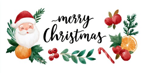 Wall Mural - Close-up of a festive Christmas card featuring a classic Santa Claus illustration on a white background.