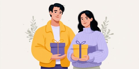 Wall Mural - Two people holding wrapped gift boxes, close-up of hands with colorful presents on a neutral background.