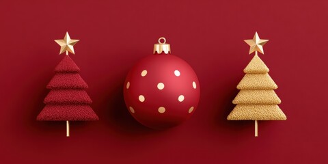 Wall Mural - three decorated christmas trees with a red ornament featuring gold stars on a vibrant red background
