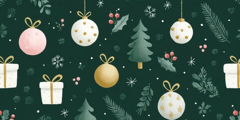 Wall Mural - Close-up of festive Christmas pattern featuring wrapped presents and decorated evergreen trees in bright colors.