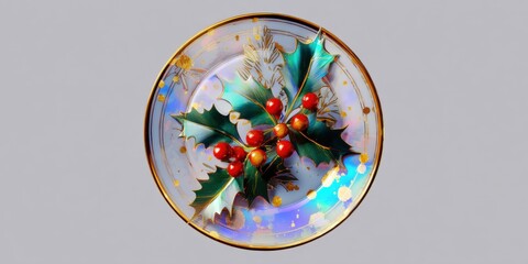 Wall Mural - Close-up of a white plate decorated with red holly berries and green leaves on a white background.