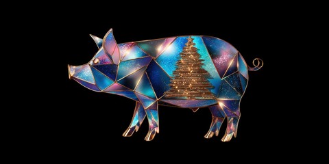 Wall Mural - Paper pig decoration with a green Christmas tree detail on white background, festive holiday concept.