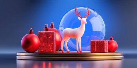 Wall Mural - Close-up of a snow globe featuring a deer and festive Christmas decorations on a white background.