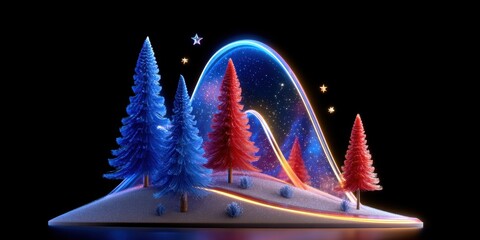 Wall Mural - Snow-covered mountain peak with evergreen trees under a bright star in a clear night sky.