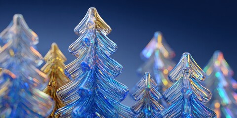 Wall Mural - Transparent glass trees standing upright on a snow-covered ground in a bright winter daylight setting.