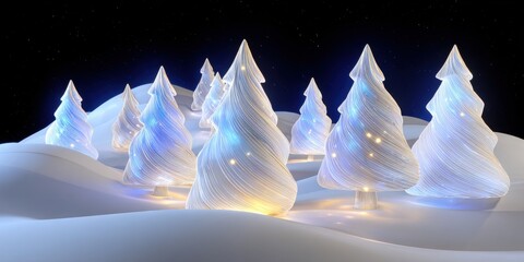 Wall Mural - Snow-covered white trees illuminated by warm lights in a nighttime winter forest scene.
