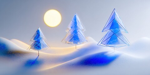 Wall Mural - Three bare trees stand evenly spaced on a snow-covered field under a clear daylight sky.