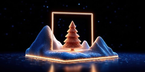 Poster - Snow-covered mountain with a glowing Christmas tree illuminated at dusk against a clear sky.