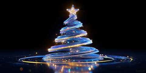 Wall Mural - close-up of a spiral-shaped christmas tree decoration topped with a gold star against a dark backgro