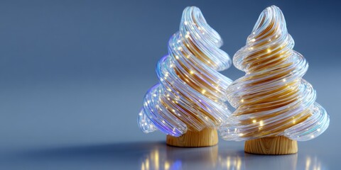 Wall Mural - Two small plastic Christmas trees wrapped in clear plastic, displayed on a white surface with soft lighting.