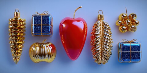 Wall Mural - assorted colorful christmas ornaments arranged neatly on a vibrant blue surface, festive holiday dec