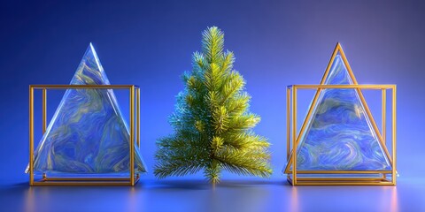 Wall Mural - three glass christmas trees in a gold frame against a vibrant blue background, festive holiday decor