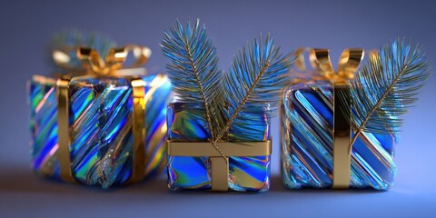 Wall Mural - Two wrapped Christmas presents with pine trees inside, set against a white background, festive holiday decor.