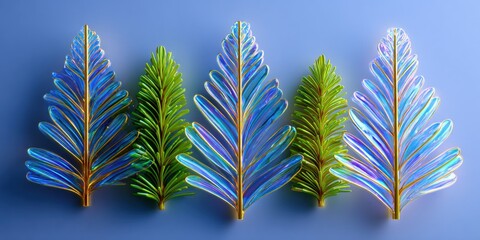 Wall Mural - Three colorful autumn leaves arranged in a row on a solid blue background, minimalistic composition.