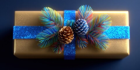 Wall Mural - Gold-wrapped gift with blue ribbon and pine cone decoration on white background, festive holiday theme.