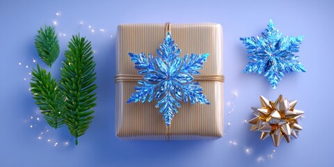 Wall Mural - Three brown paper wrapped gifts with blue and gold decorations on a white background.