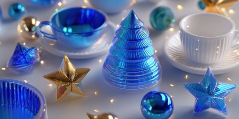 Wall Mural - Assorted colorful Christmas decorations arranged on a wooden table in bright daylight.