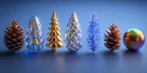 Wall Mural - Frosted Christmas trees surround a shiny golden egg against a white background, perfect for festive design.