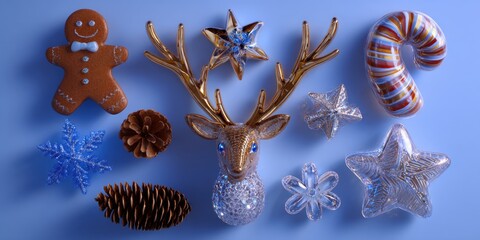 Wall Mural - Various colorful Christmas decorations arranged on a vibrant blue surface, perfect for festive designs.
