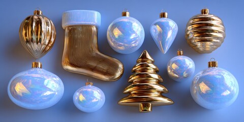 Wall Mural - Red and gold Christmas ornaments arranged on a vibrant blue background, ideal for holiday-themed designs.