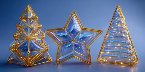 Wall Mural - three illuminated glass christmas trees glowing against a smooth blue background, perfect for holida