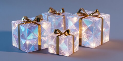 Wall Mural - Three transparent gift boxes with gold ribbons and bows on a solid blue background.