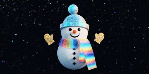 Wall Mural - Snowman wearing a red scarf and black hat standing in a snowy outdoor winter scene during daytime.