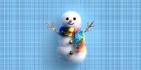 Wall Mural - Snowman wearing a red scarf and black hat standing on snow-covered ground in daylight.