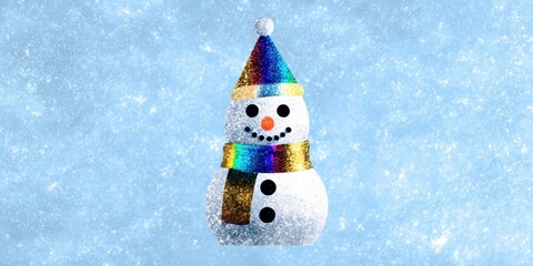 Wall Mural - Snowman wearing a black hat and red scarf standing on snowy ground with a clear winter sky background.