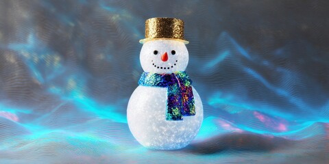 Wall Mural - Snowman wearing a black hat and red scarf standing in fresh snow outdoors during daytime.