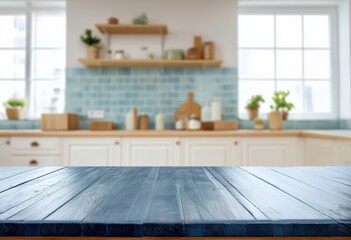Aufkleber - Blue wooden table set against a softly blurred, bright kitchen backdrop, creating an ideal surface for product display and presentation