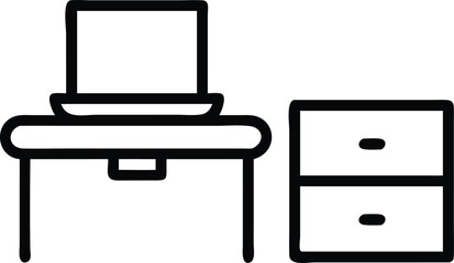 Poster - Minimalist black workspace outline icon featuring a desk and laptop computer