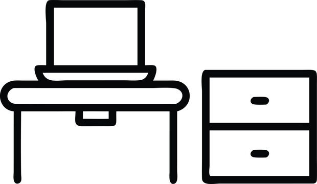 Minimalist black workspace outline icon featuring a desk and laptop computer