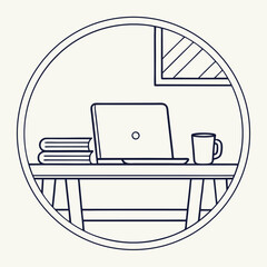 Aufkleber - Minimalist illustration of a home office desk with a laptop mug and books