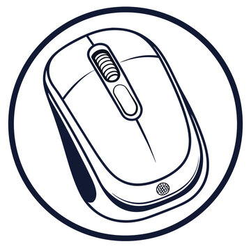Minimalist outline illustration of a wireless computer mouse within a simple dark blue circle