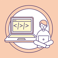 programmer working on code sitting with laptop web development digital software design illustration