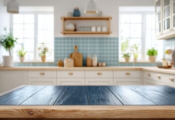 Aufkleber - Dark wooden table top with blurred kitchen in the background, ideal for product placement and showcasing culinary creations