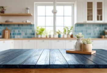 Aufkleber - Empty wooden table displaying flowers with blurred bright kitchen in background, perfect for product placement