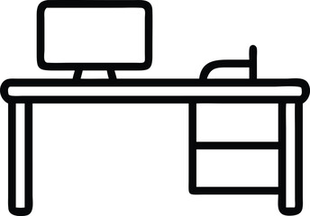 Poster - Simple black silhouette outline depicting office desk with laptop on white background