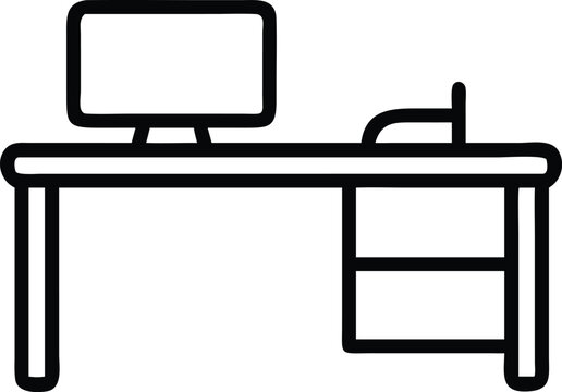 Simple black silhouette outline depicting office desk with laptop on white background