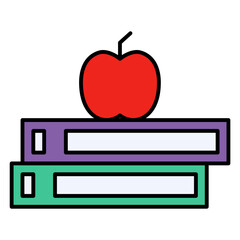 Poster - Apple on Books Icon: Back to School, Education, Learning, and Knowledge Symbol in Filled Outline Style
