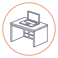 Fototapete - Vector illustration of a laptop resting on a desk inside an orange circle.