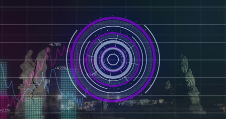 Poster - Image of round scanner and statistical data processing against cityscape at night