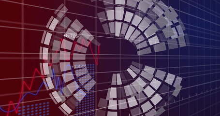 Poster - Image of spinning globe over statistical data processing against gradient background