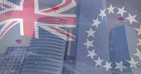 Poster - Flags fading triggers Wi-Fi icons pulsing, network grid forming to show UK-EU digital connectivity